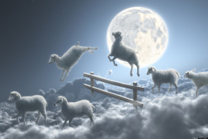 Sheep jumping over fence in a cloudy moon scene
